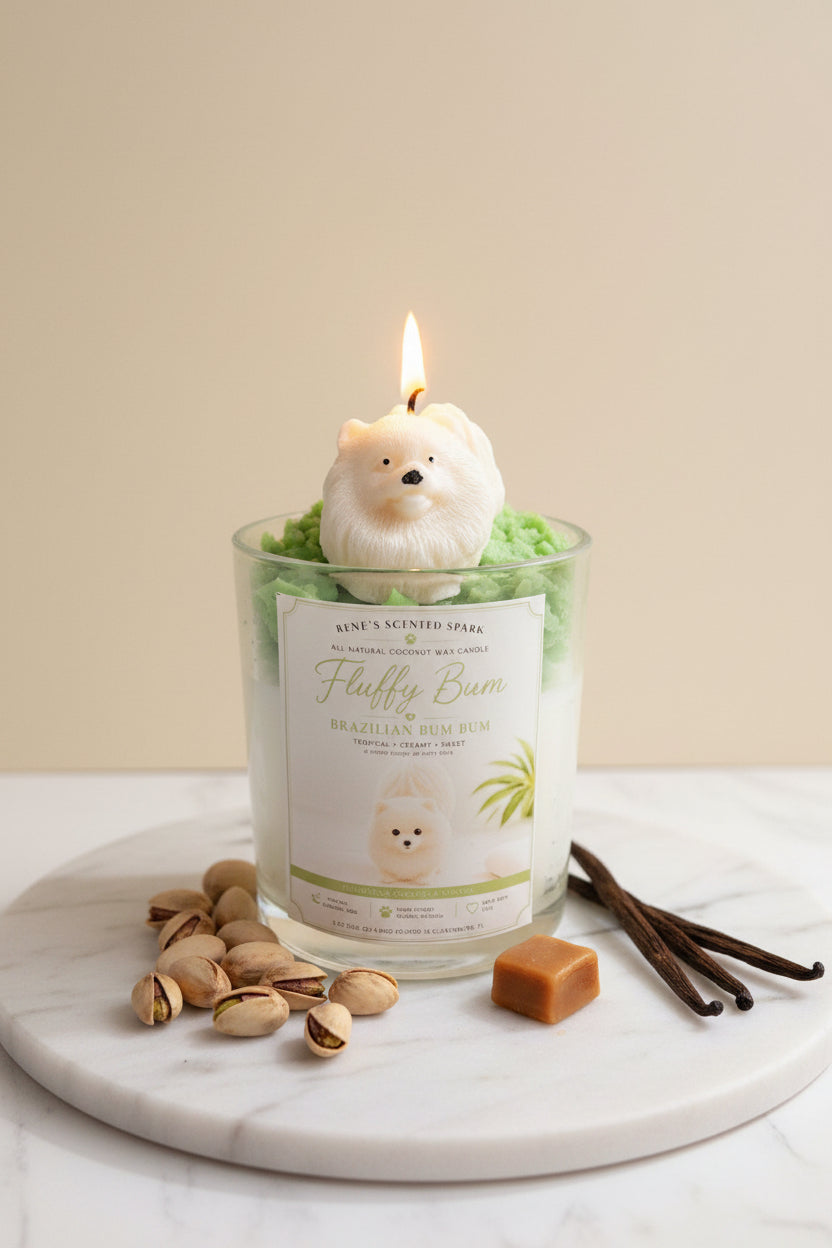 Fluffy Bum — Pomeranian Candle | Brazilian Bum Bum Scent | Hand Sculpted Dog Candle | Dog Mom Gift | Funny Dog Gift