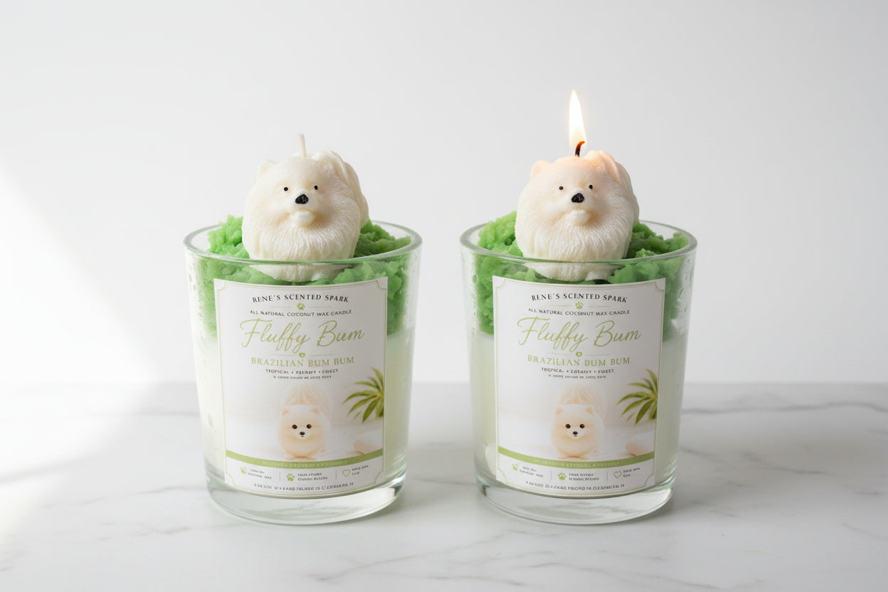 Fluffy Bum — Pomeranian Candle | Brazilian Bum Bum Scent | Hand Sculpted Dog Candle | Dog Mom Gift | Funny Dog Gift