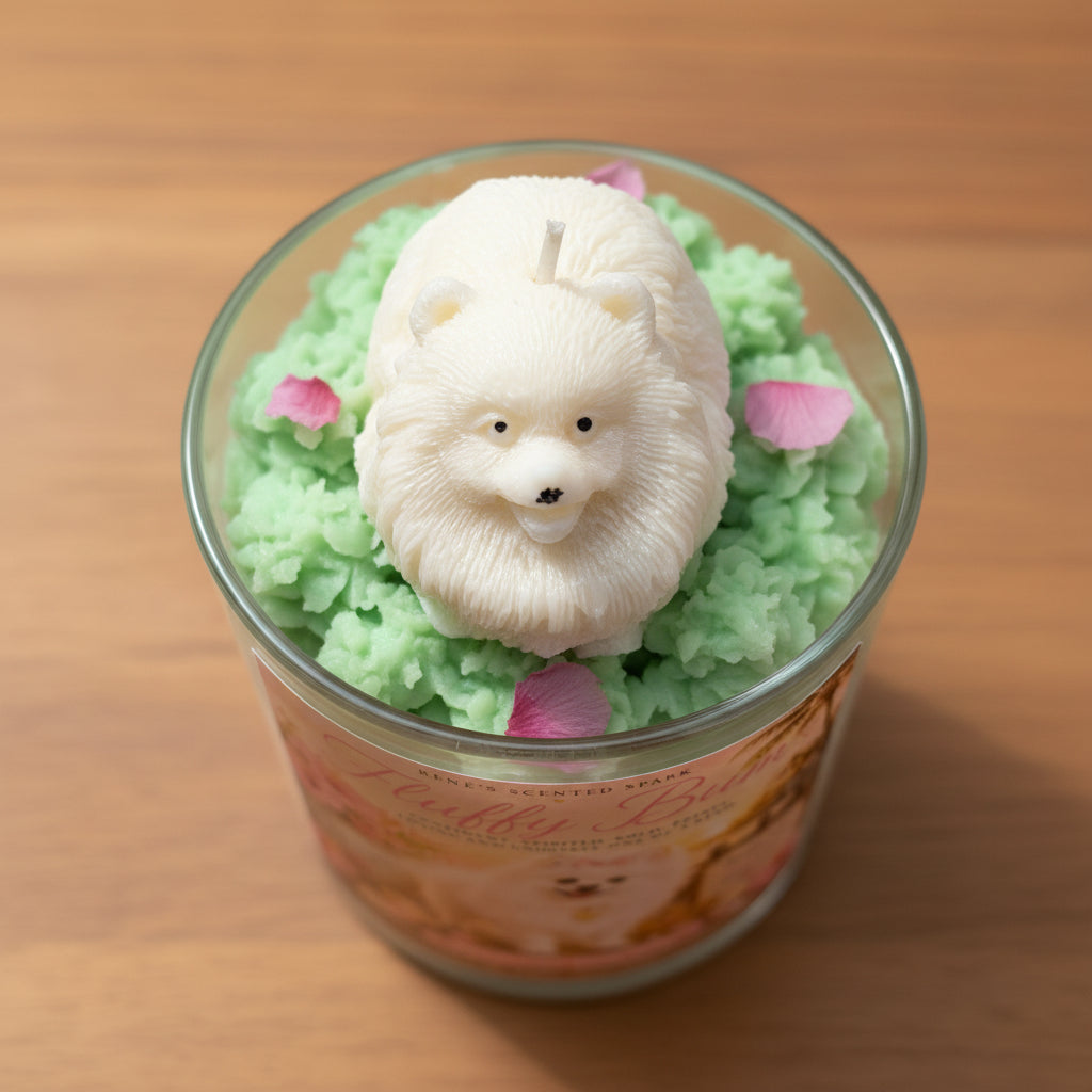 Candle with a decorative label featuring a dog on a wooden surface