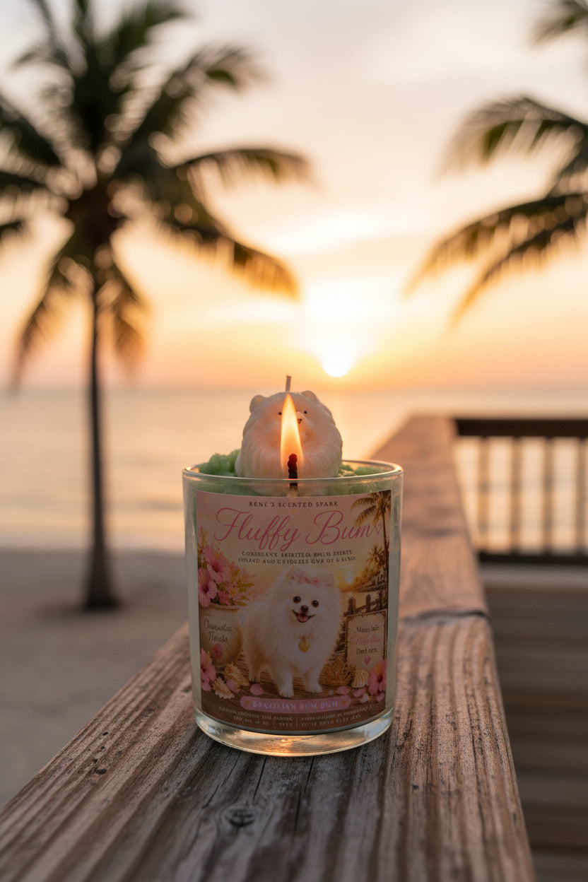 Candle with a dog design on a wooden surface at sunset with palm trees in the background