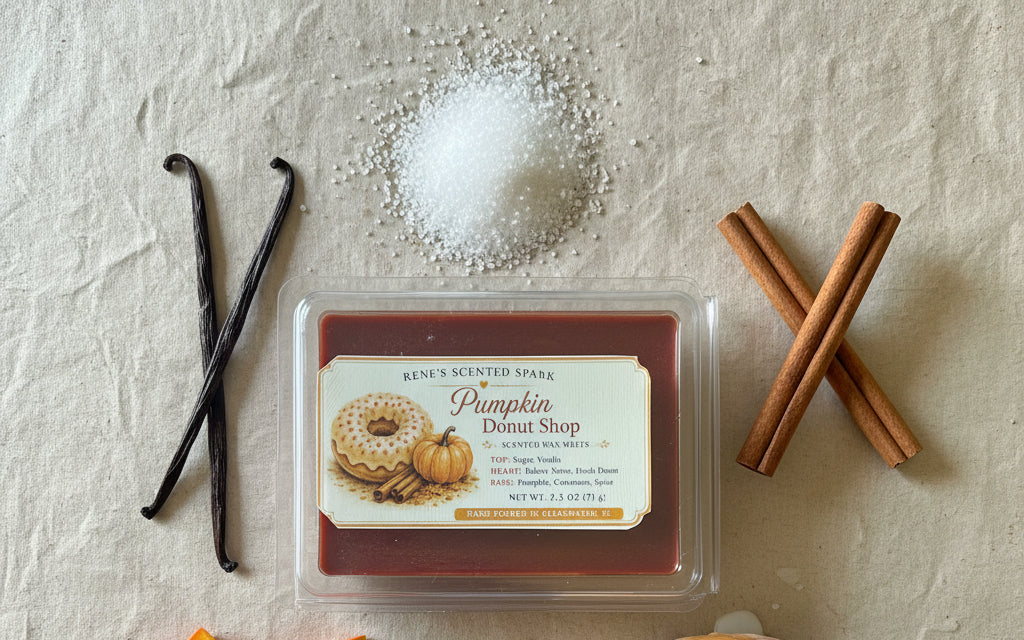 Pumpkin Donut Shop 2.5 oz scented wax melts arranged with vanilla beans, sugar and cinnamon sticks highlighting the sweet pumpkin bakery fragrance.