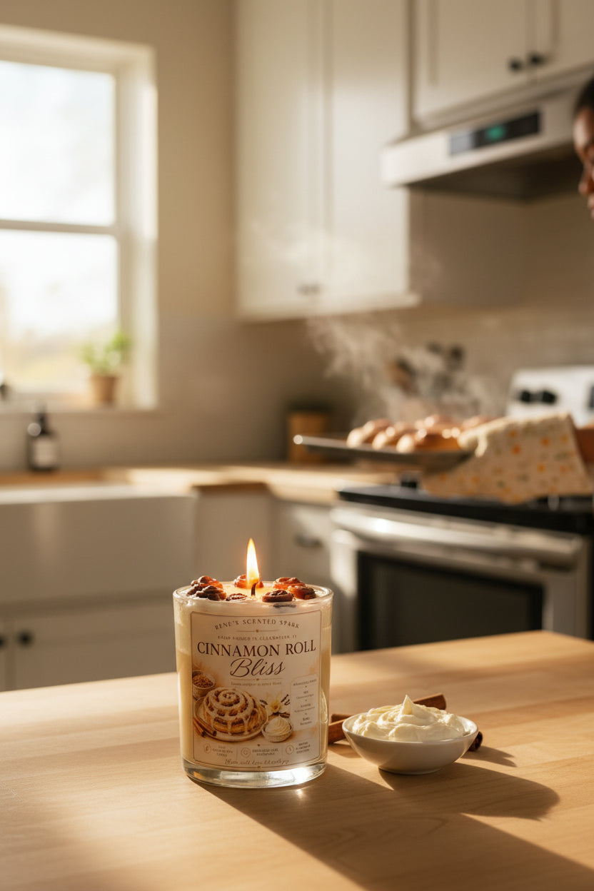Candle labeled 'Cinnamon Roll Bliss' by Rene's Scented Spark on a wooden surface.