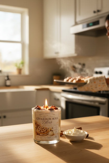 Candle labeled 'Cinnamon Roll Bliss' by Rene's Scented Spark on a wooden surface.