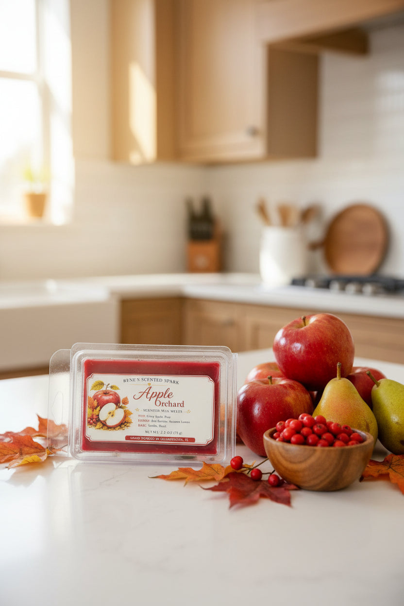 Apple Orchard 2.5 oz scented wax melts displayed in a bright cozy kitchen with fresh red apples, pears, red berries and autumn leaves.