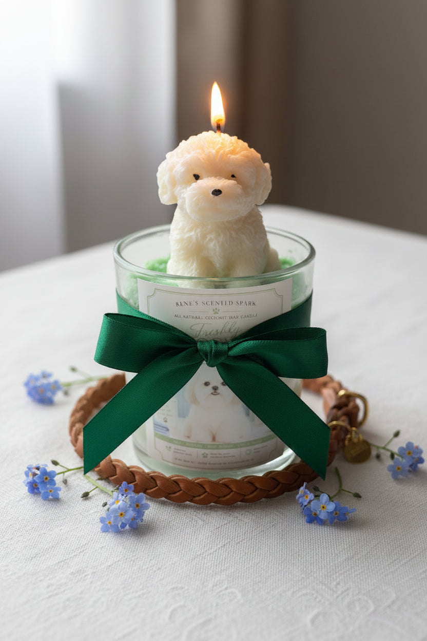 Candle shaped like a dog with a green ribbon on a white surface with small blue flowers.