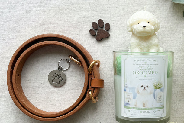 Freshly Groomed puppy candle with sculpted  Maltesewax figure and green floral accents