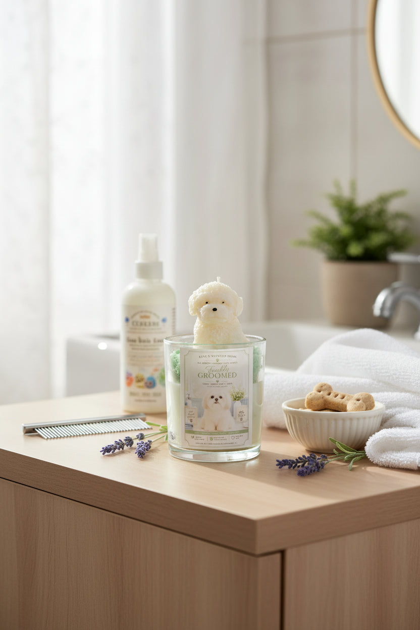 Freshly Groomed Maltese candle with sculpted wax topper on bathroom vanity – Renes Scented Spark