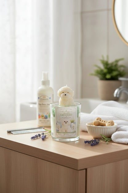 Freshly Groomed Maltese candle with sculpted wax topper on bathroom vanity – Renes Scented Spark