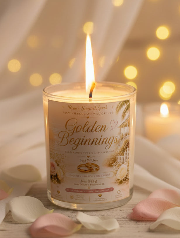 Candle labeled 'Golden Beginnings' with a soft, blurred background with lights and a lit candle with pink and white rose petals