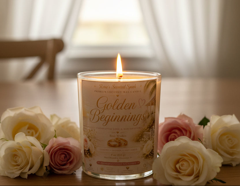 Golden Beginnings wedding candle with rose petals and gold wedding rings on a white marble surface, soft romantic lighting, luxury bridal aesthetic