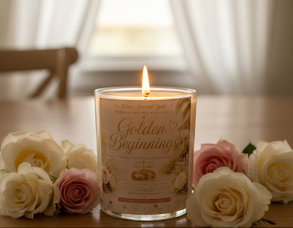 Golden Beginnings wedding candle with rose petals and gold wedding rings on a white marble surface, soft romantic lighting, luxury bridal aesthetic