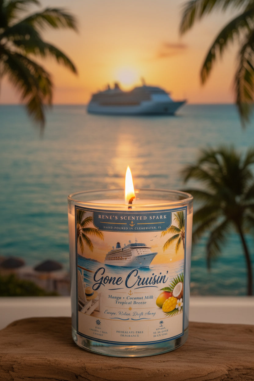 Candle labeled 'Gone Cruisin'' with a cruise ship and sunset in the background.
