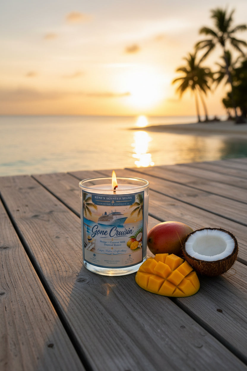 Candle with a scenic label on a wooden deck by the ocean at sunset