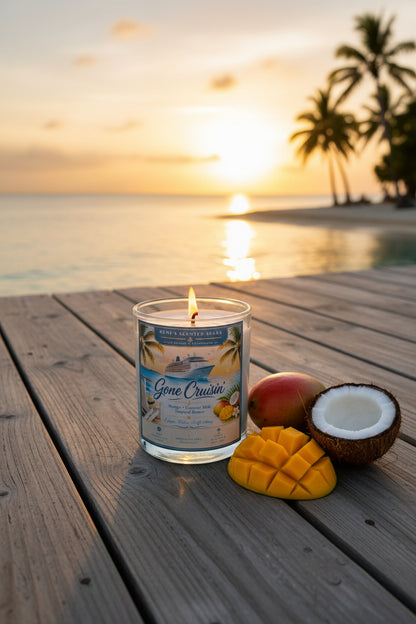 Candle with a scenic label on a wooden deck by the ocean at sunset