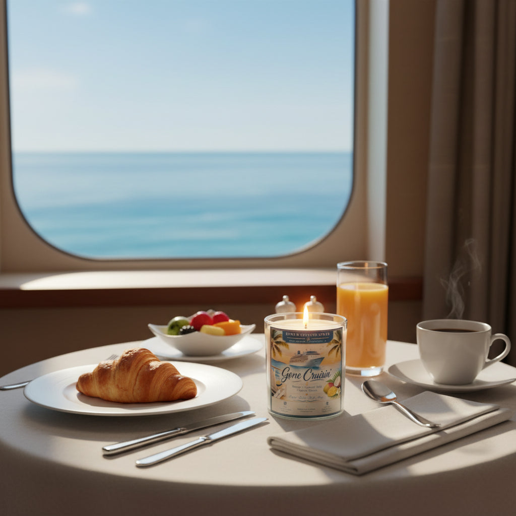 Breakfast scene with croissant, fruit, coffee, and a candle by a window with ocean view.