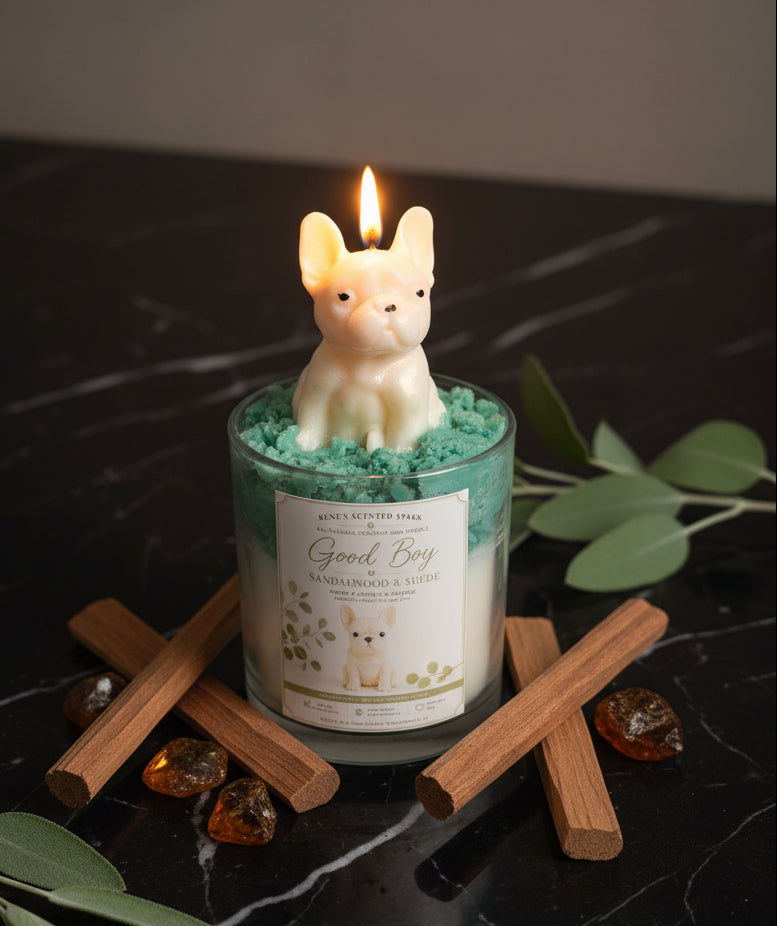 Good Boy candle with cream Frenchie wax topper on teal green wax with cinnamon sticks and dark marble styling