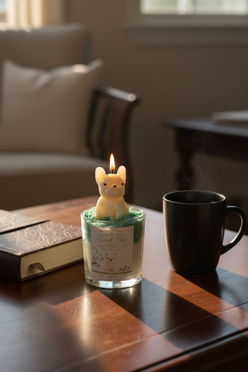 Good Boy candle on a coffee table with a book and a cup in a livingroom