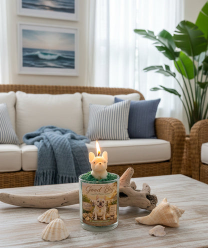 Decorative candle with a dog design on a coffee table in a living room setting.