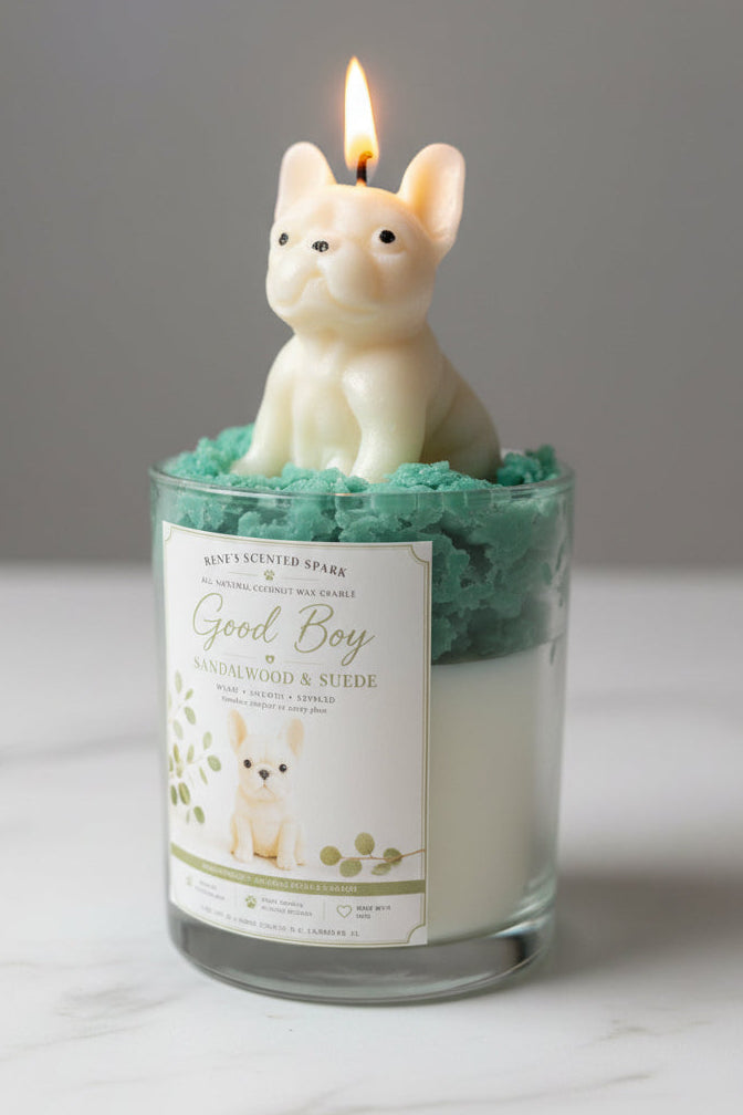 Good Boy French Bulldog candle with teal whipped wax and lit cream dog topper in warm moody light