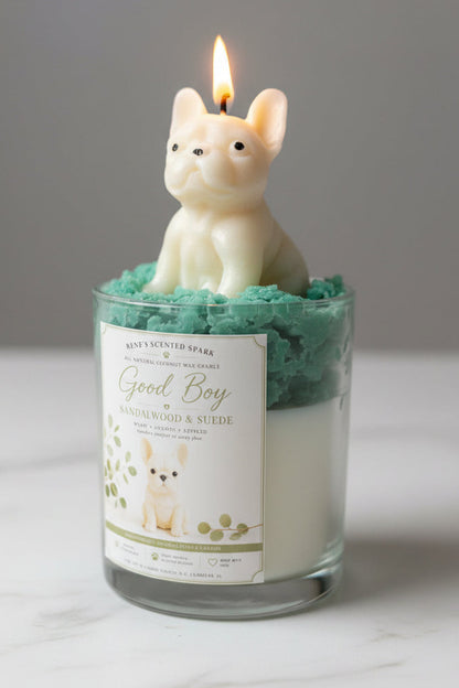 Good Boy French Bulldog candle with teal whipped wax and lit cream dog topper in warm moody light