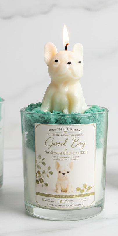 Good Boy French Bulldog candle with teal green wax and cream dog topper in bright airy home decor setting