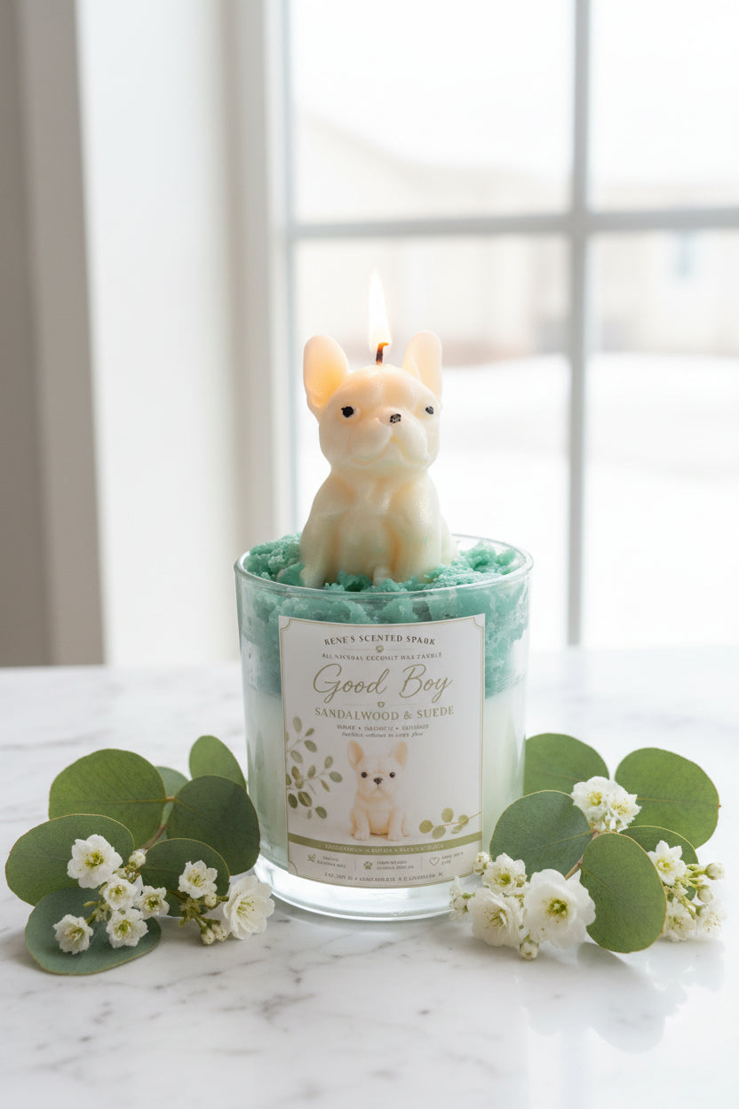 Good Boy French Bulldog candle with teal whipped wax on white shelf beside small green plants in bright home setting