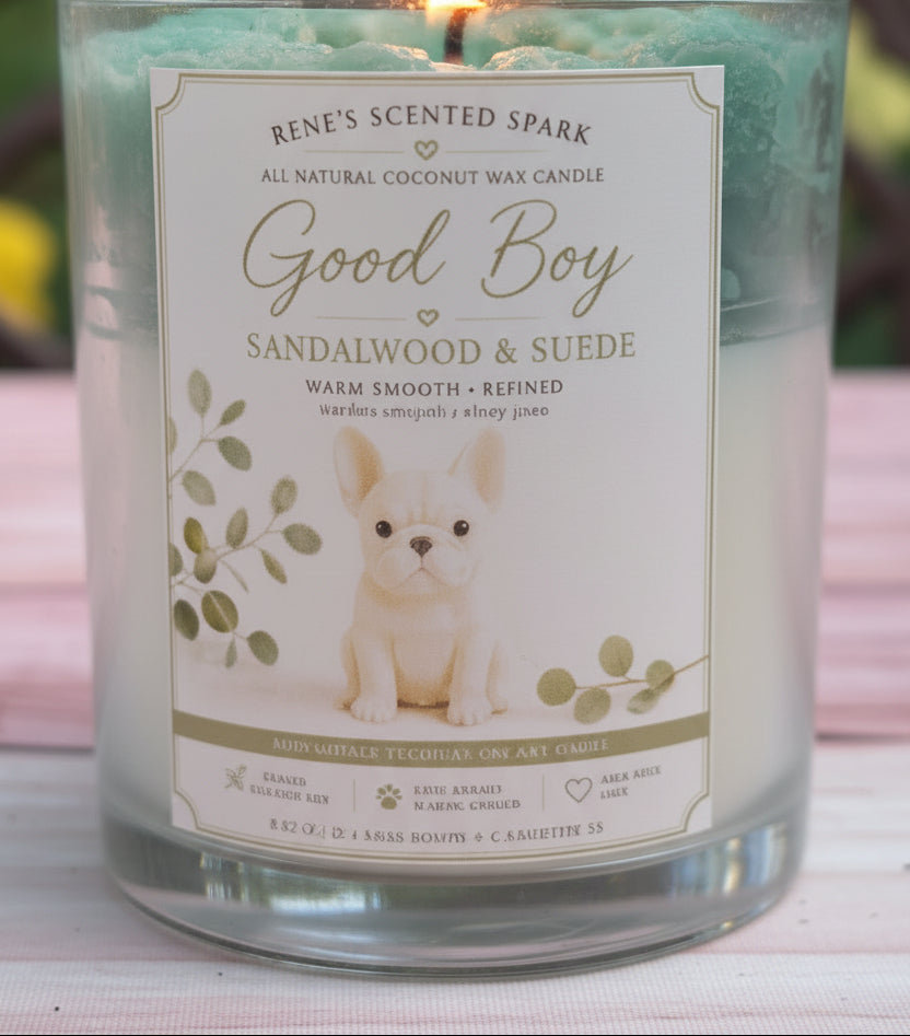 Close up of Good Boy candle label reading Sandalwood and Suede by Renes Scented Spark with Frenchie illustration