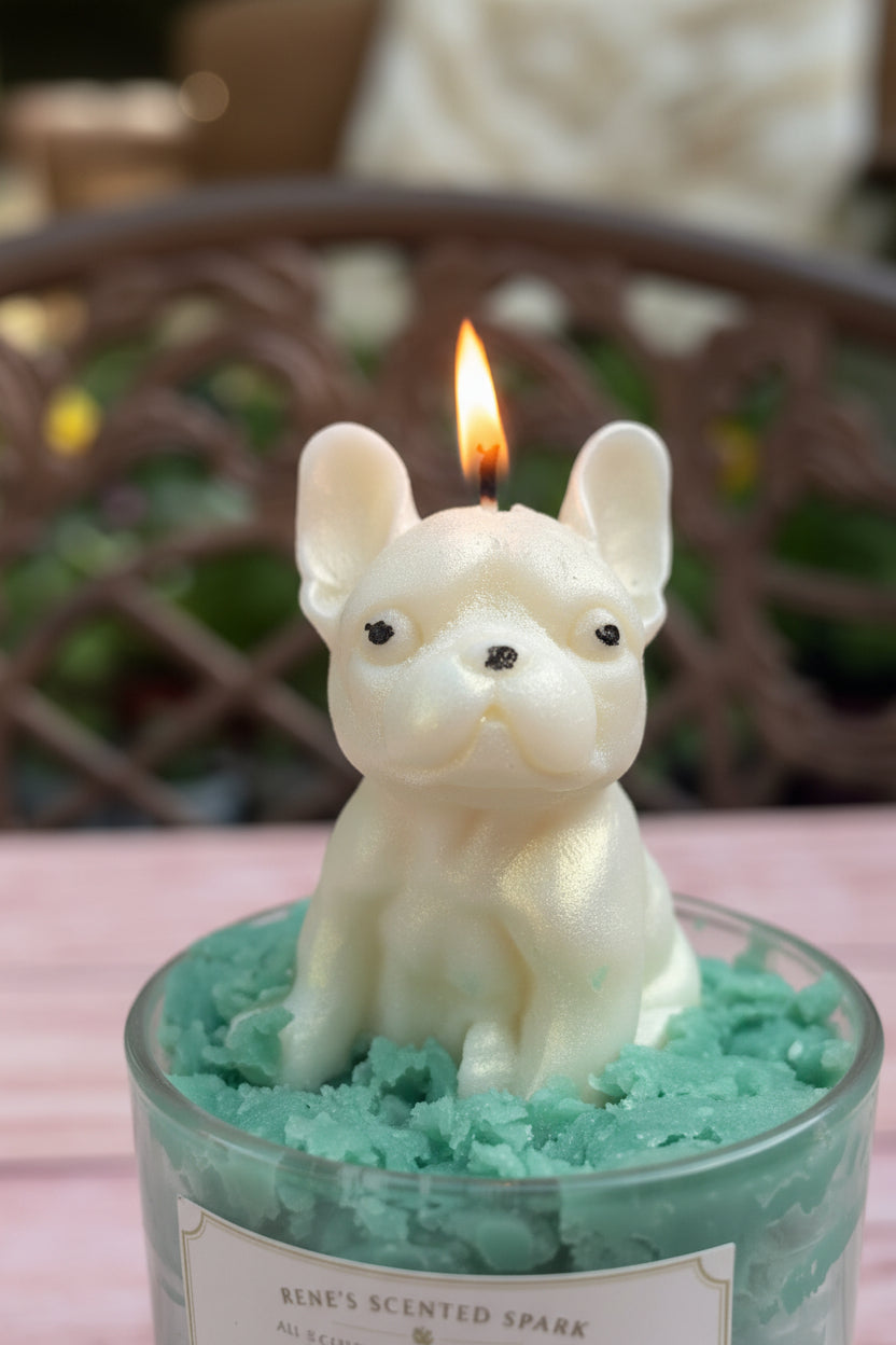 Candle shaped like a dog with a lit flame, placed in a glass container on a table.