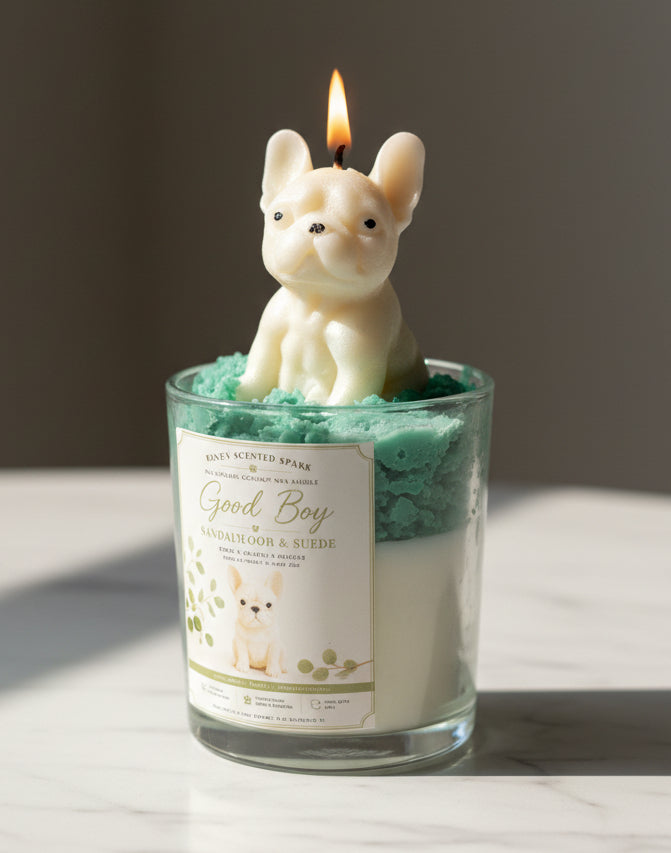 Hand sculpted cream French Bulldog wax topper on teal green whipped wax Good Boy candle in soft natural light