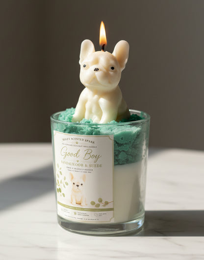 Hand sculpted cream French Bulldog wax topper on teal green whipped wax Good Boy candle in soft natural light
