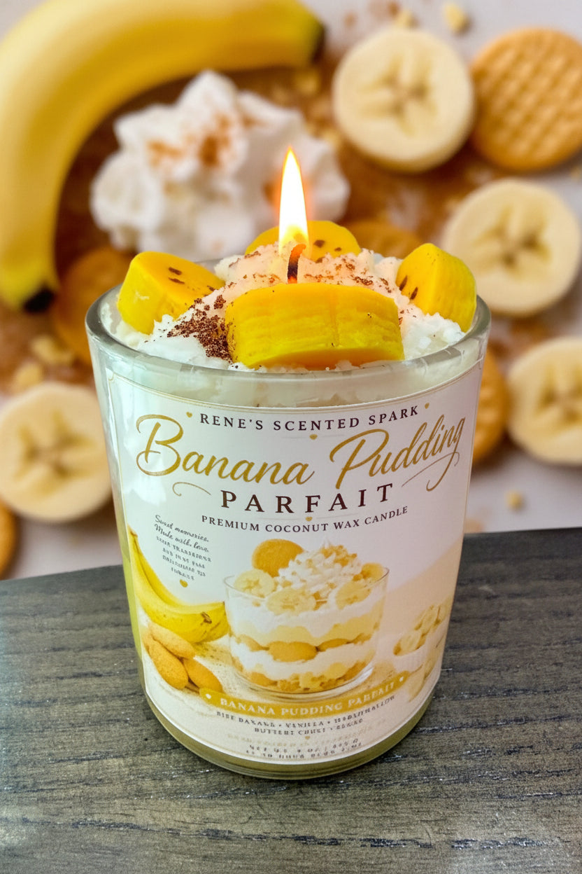 Banana pudding candle with banana slices on top, surrounded by bananas and cookies