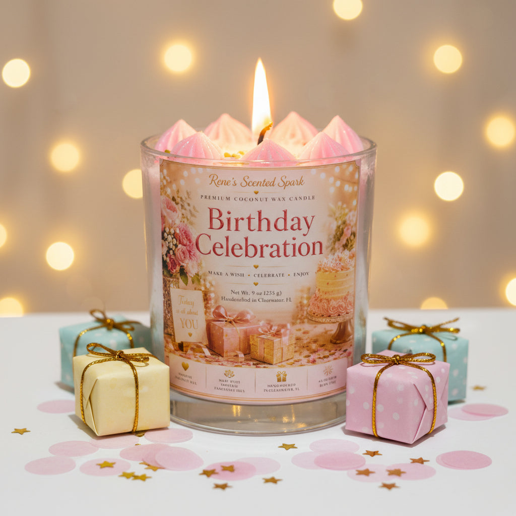 Birthday Celebration candle with elegant pink label, wrapped birthday presents, and glowing bokeh lights on a festive table.
