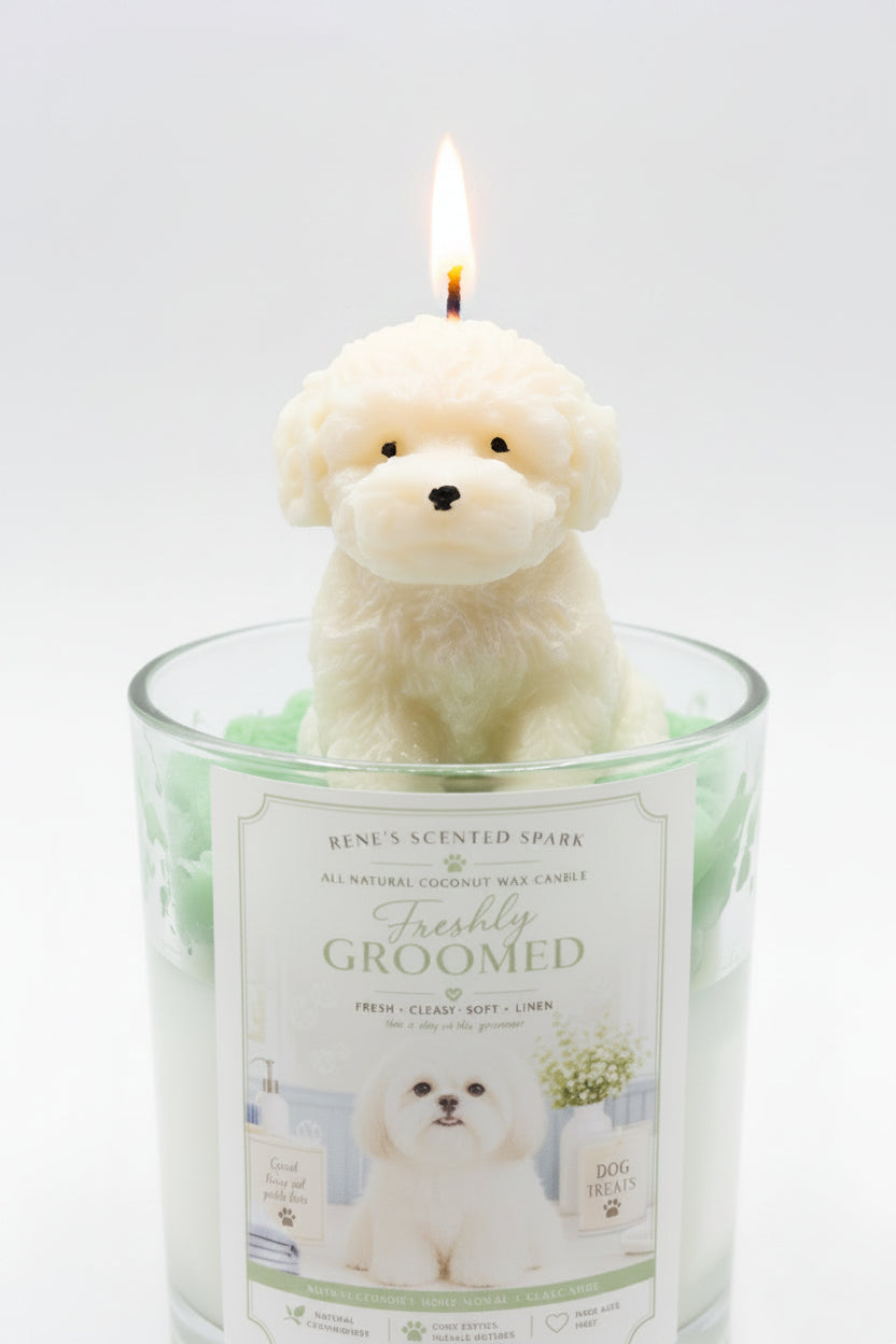 Hand-poured Maltese lover candle in elegant glass jar with sculpted dog wax topper
