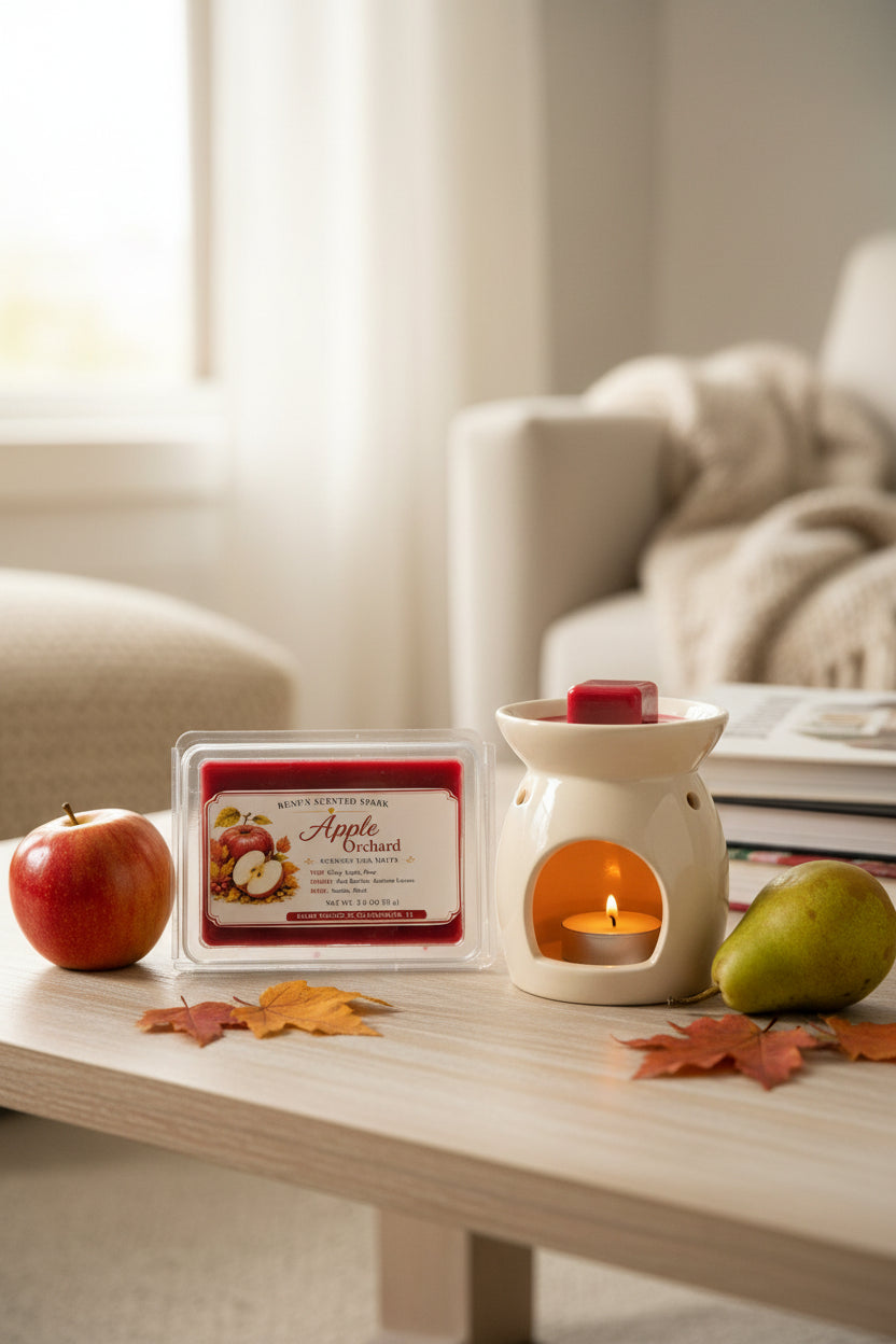 Apple Orchard 2.5 oz scented wax melts beside a ceramic wax warmer with red wax, fresh apple, pear and autumn leaves in a cozy living room