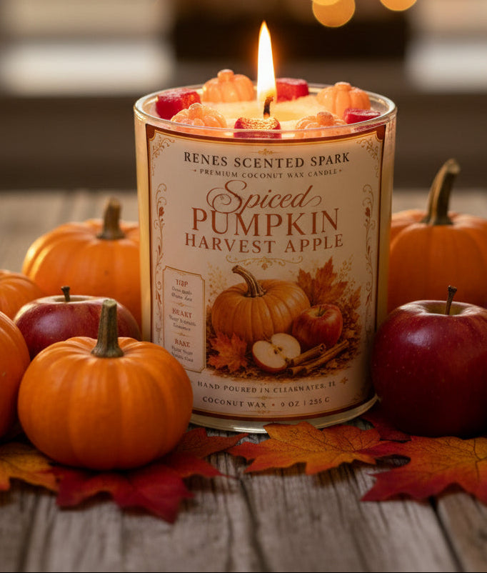 Spiced Pumpkin Harvest Apple coconut wax candle burning among orange pumpkins, red apples, and colorful autumn leaves on a rustic wood surface.
