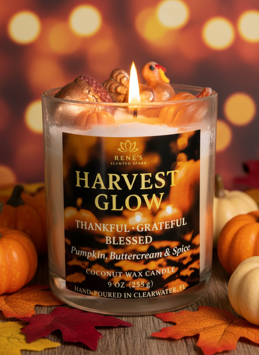 Harvest Glow candle with pumpkins and leaves 