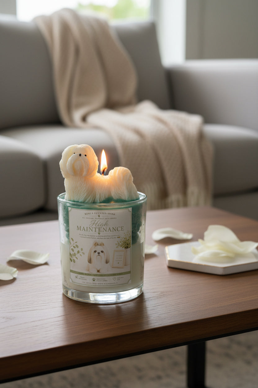 Candle with a label on a wooden surface in a living room