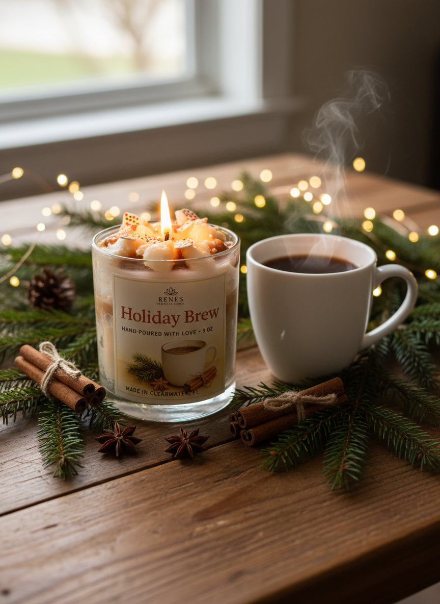 Candle labeled 'Holiday Brew' next to a cup of coffee on a wooden surface with festive decorations.