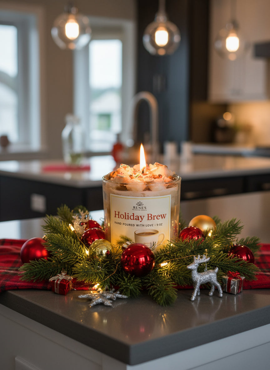 Candle with 'Holiday Brew' label on a kitchen counter with Christmas decorations
