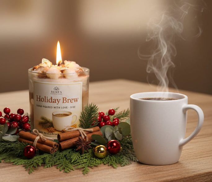 Candle labeled 'Holiday Brew' next to a steaming mug on a wooden surface with festive decorations.