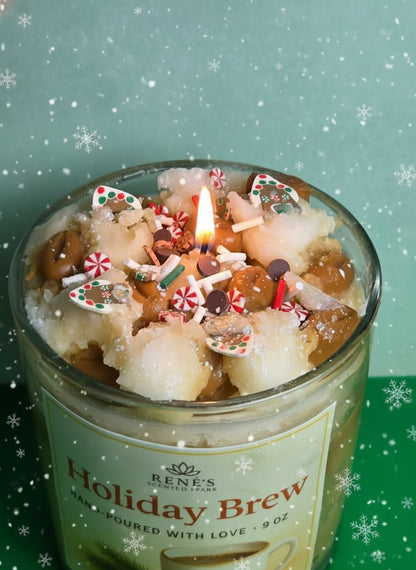 Candle in a jar labeled 'Holiday Brew' with decorative elements on a festive background