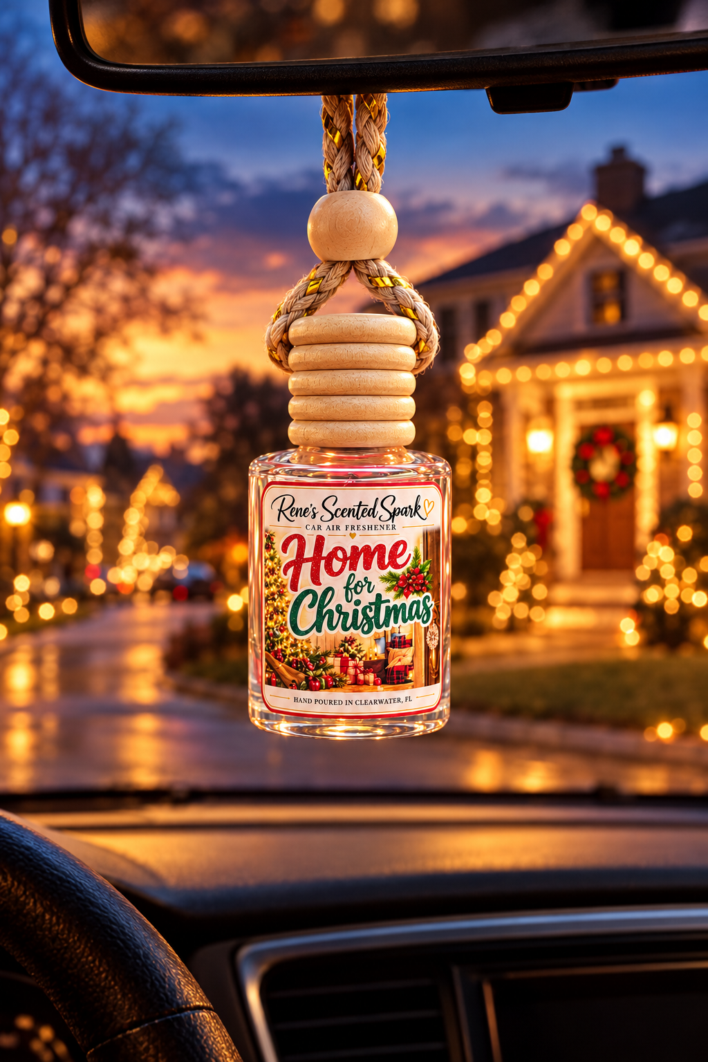 Home for Christmas car freshener hanging in a car with a cozy neighborhood glowing with Christmas lights outside