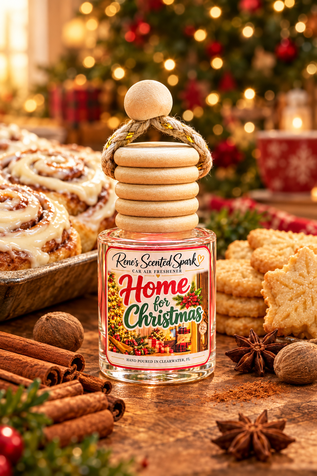 Home for Christmas car freshener beside frosted cinnamon rolls, butter cookies and cinnamon sticks with a Christmas tree behind