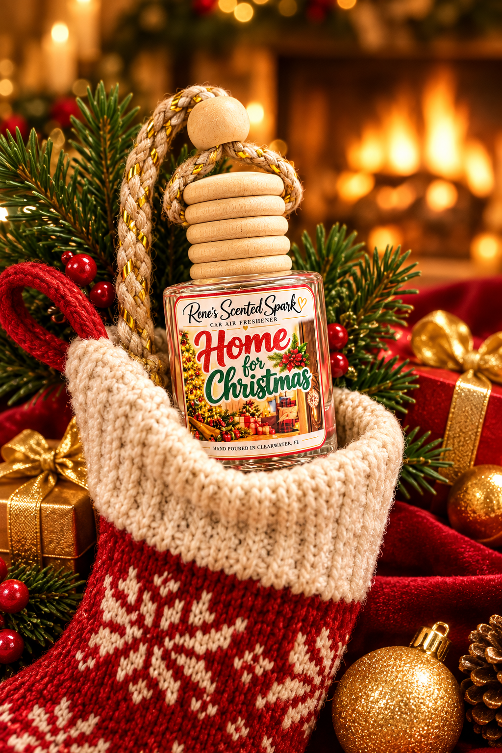 Home for Christmas car freshener peeking out of a knit stocking with wrapped gifts, pine and gold ornaments by a fireplace