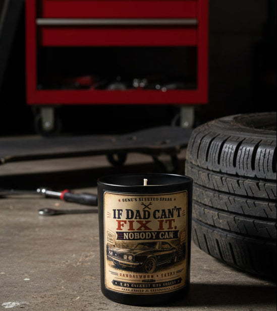If Dad Can't Fix It Nobody Can candle displayed in a garage next to a classic car tire and red toolbox