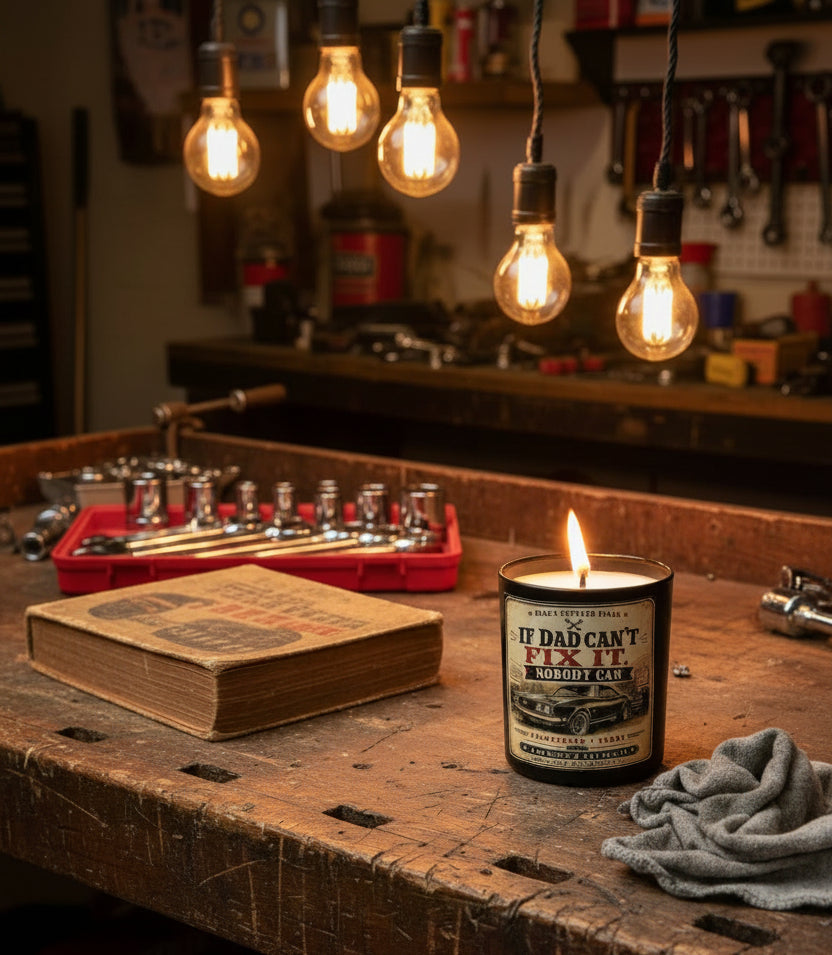 If Dad Can't Fix It Nobody Can candle glowing warmly on a wooden workbench with vintage Edison bulb lighting overhead