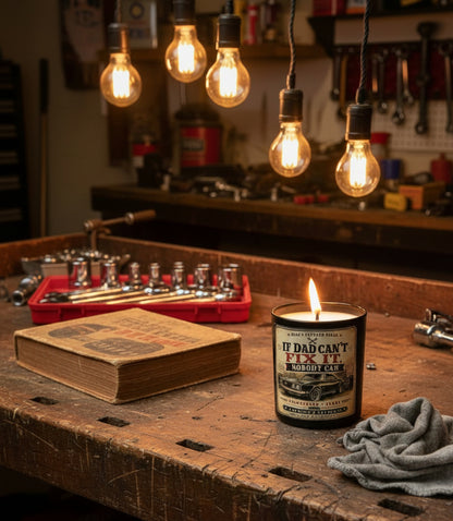 If Dad Can't Fix It Nobody Can candle glowing warmly on a wooden workbench with vintage Edison bulb lighting overhead