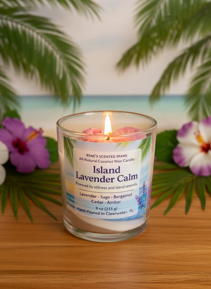 Candle labeled 'Island Lavender Calm' with a tropical background