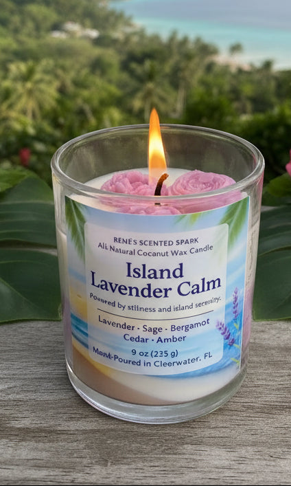 Candle labeled 'Island Lavender Calm' with a scenic background