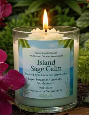 Candle labeled 'Island Sage Calm' on sand with ocean background